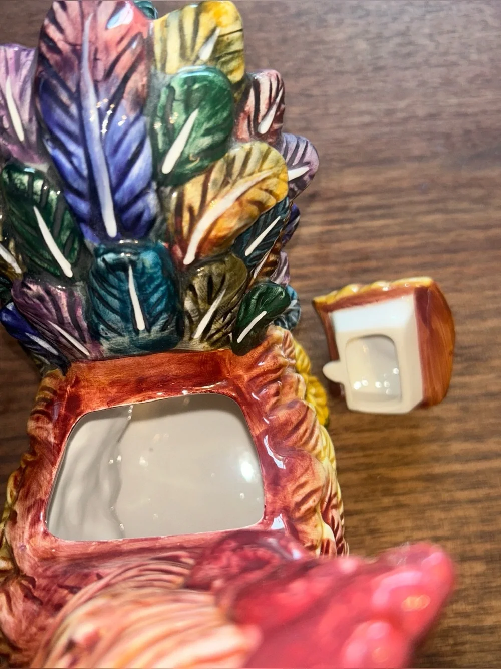 Ceramic Rooster chicken Pitcher Nestled in Sunflowers Ladybugs Colorful 10.5